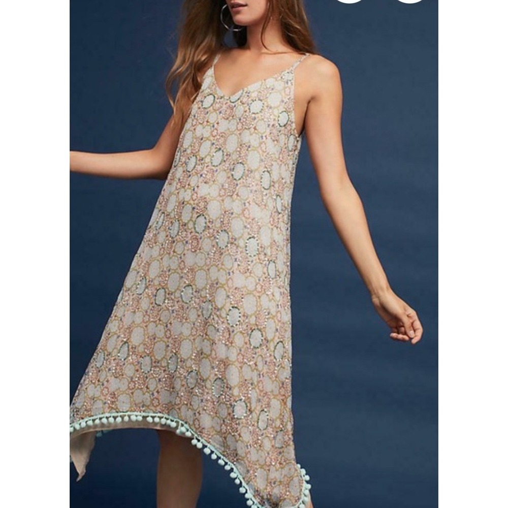 Anthropologies Raga Amalfi Sequin Dress XS PomPom Handkerchief Hem Boho Ethereal